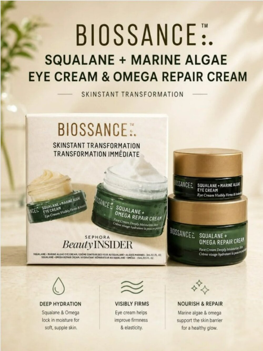 Biossance Squalane + Marine Algae Eye Cream & Omega Repair Cream Set Travel Size
